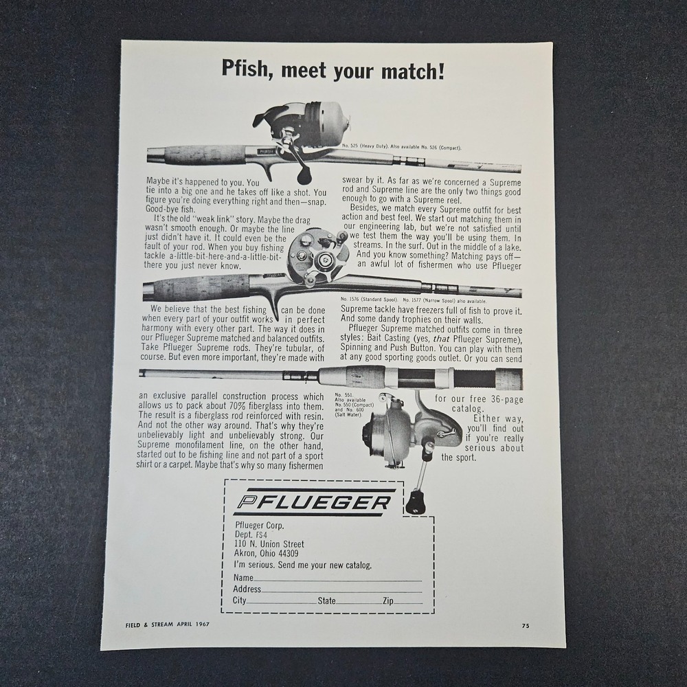 1967 Pflueger Corp Fishing Rod & Reel Vintage Print Ad Akron OH Fresh Salt Water